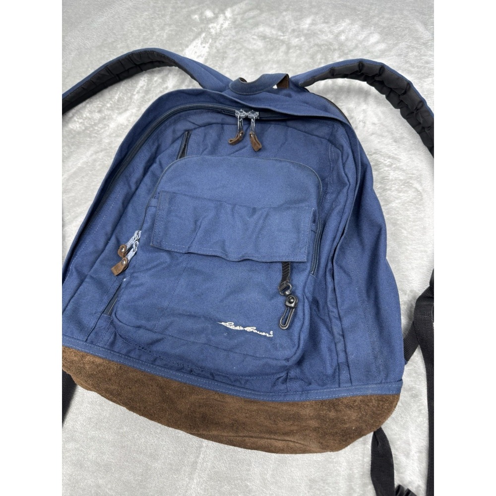 Vintage Eddie Bauer Backpack Blue Canvas Brown Suede Leather Retro 90s Y2K
